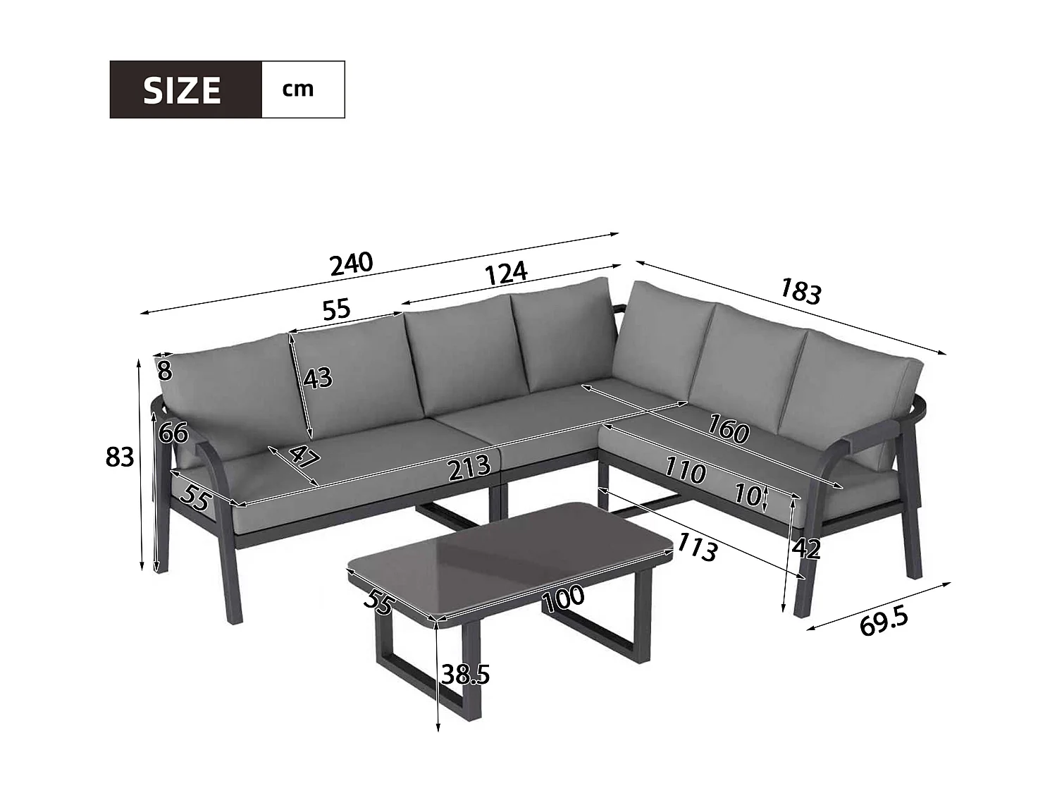 Conjunto de móveis de jardim para 6 pessoas - com apoios de braço e encostos trançados + sofá de canto + mesa - metal - cinza