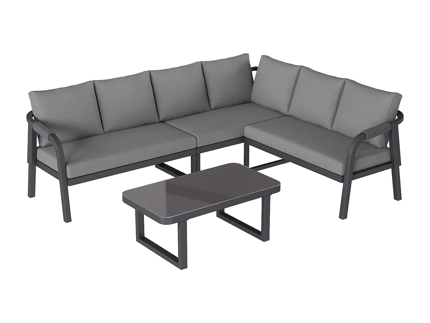 Conjunto de móveis de jardim para 6 pessoas - com apoios de braço e encostos trançados + sofá de canto + mesa - metal - cinza