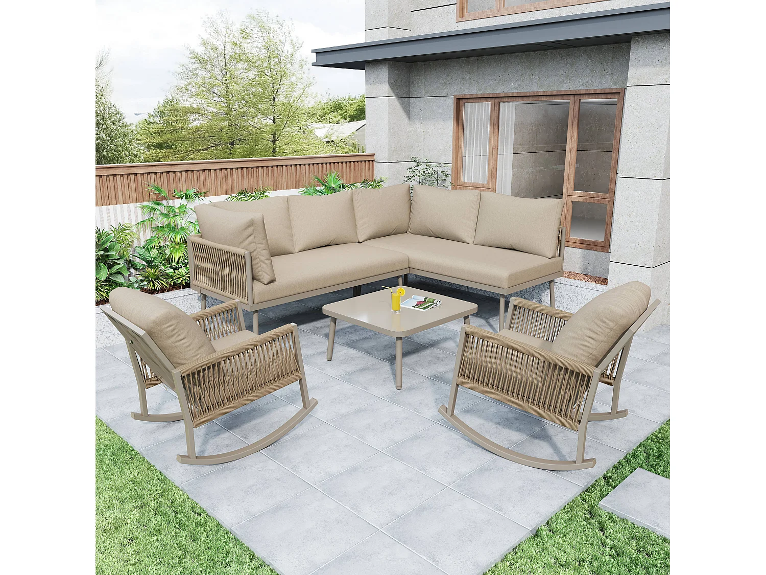 Modulaire tuinset voor 6 personen - met 2 schommelstoelen + bank + tafel + kussens - metaal - beige