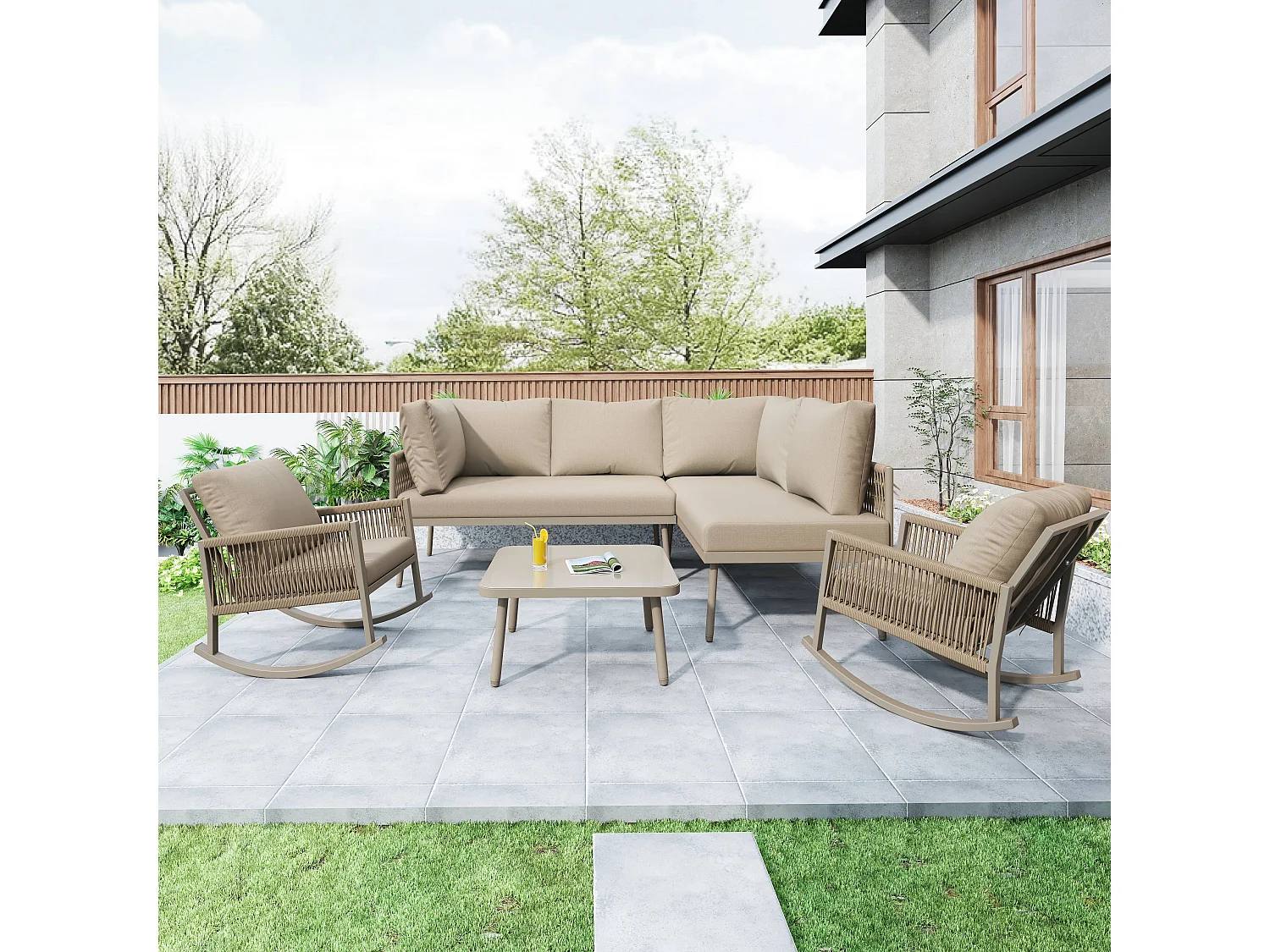 Modulaire tuinset voor 6 personen - met 2 schommelstoelen + bank + tafel + kussens - metaal - beige