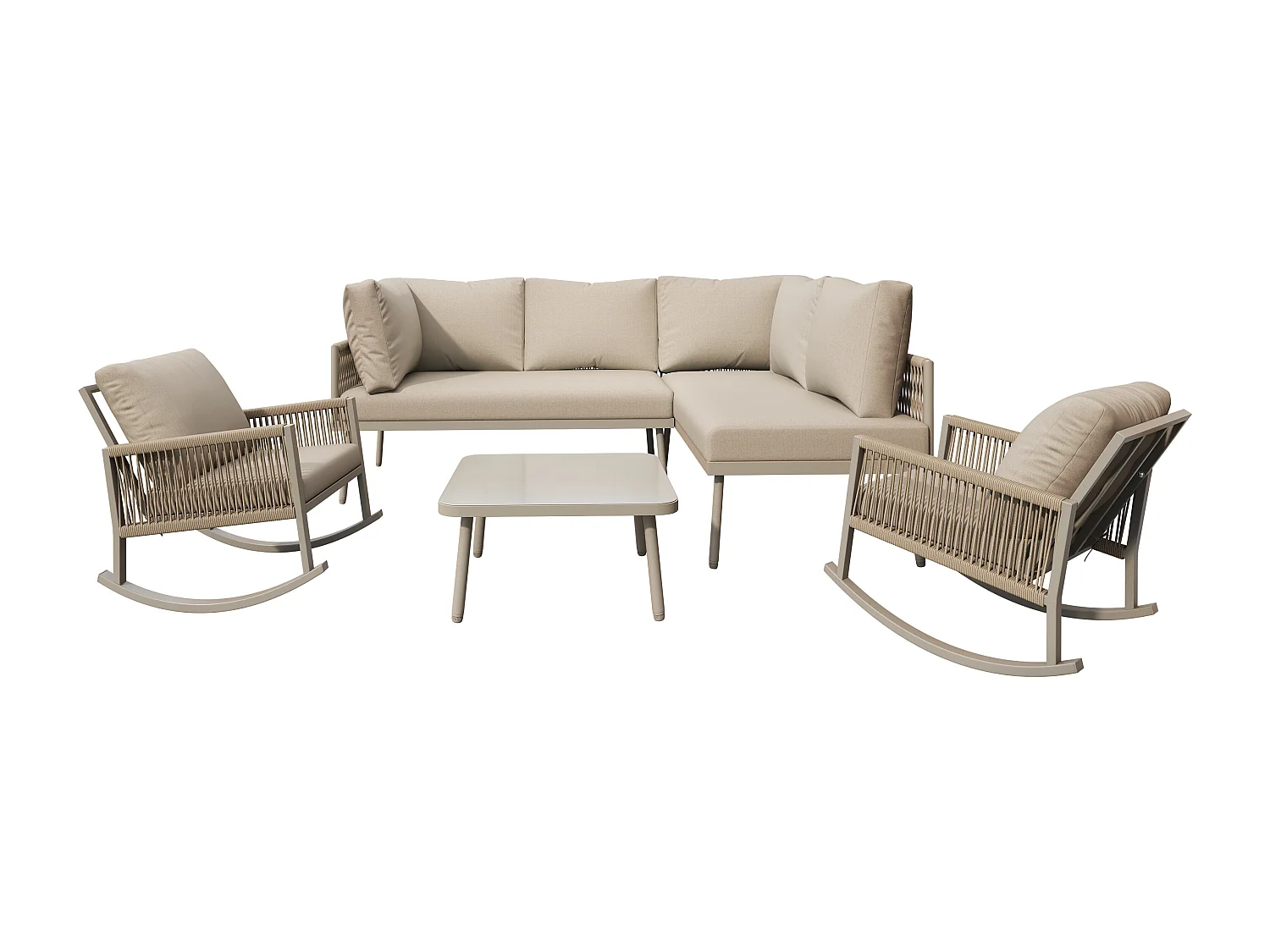 Modulaire tuinset voor 6 personen - met 2 schommelstoelen + bank + tafel + kussens - metaal - beige