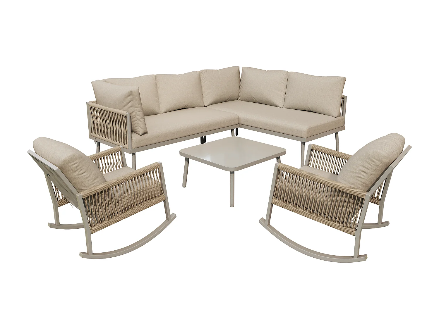 Modulaire tuinset voor 6 personen - met 2 schommelstoelen + bank + tafel + kussens - metaal - beige