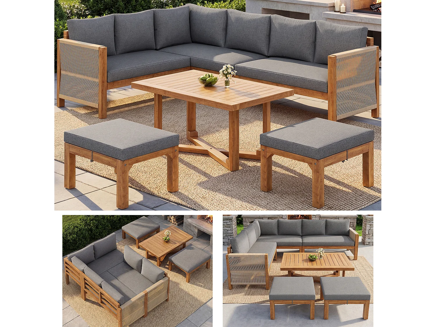 Set di mobili da giardino modulare a 6 posti - con divano + tavolo + cuscini + 2 sgabelli - legno di acacia - grigio