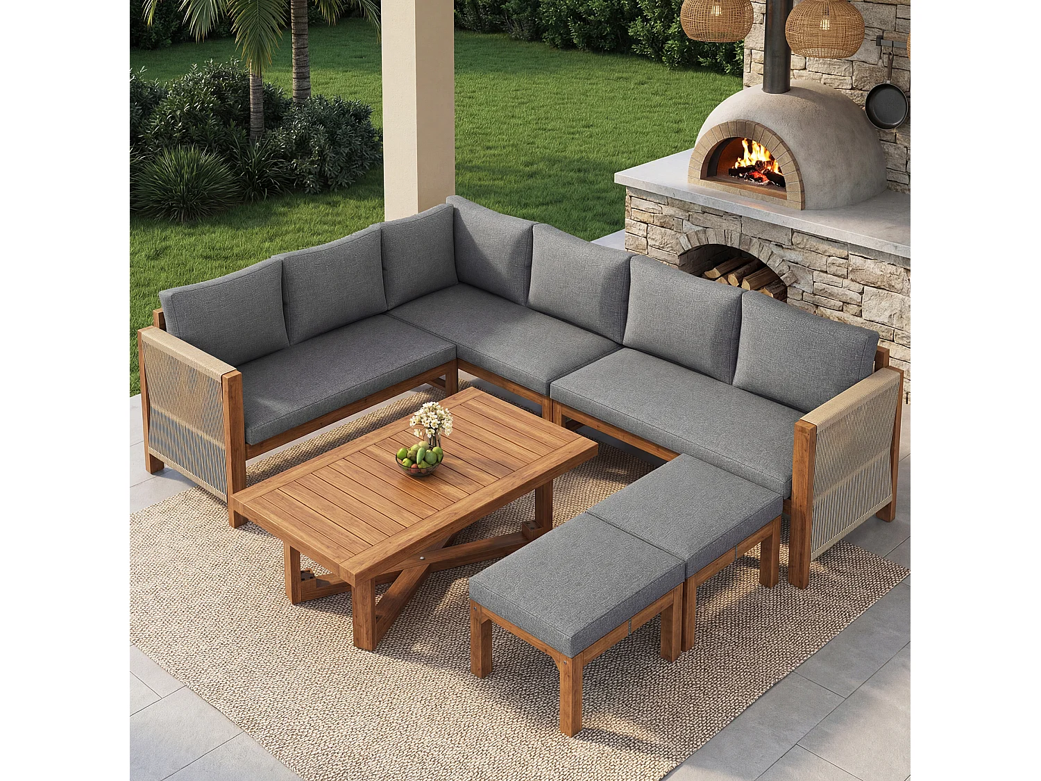 Set di mobili da giardino modulare a 6 posti - con divano + tavolo + cuscini + 2 sgabelli - legno di acacia - grigio