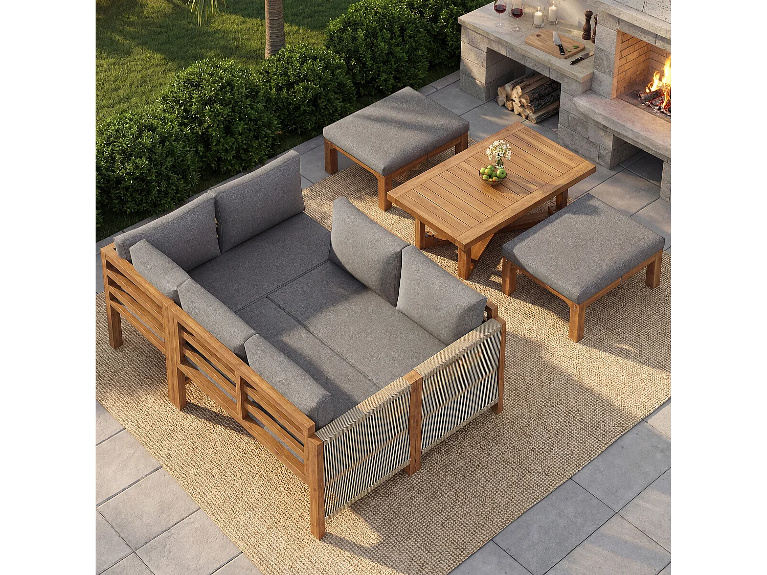 Set di mobili da giardino modulare a 6 posti - con divano + tavolo + cuscini + 2 sgabelli - legno di acacia - grigio