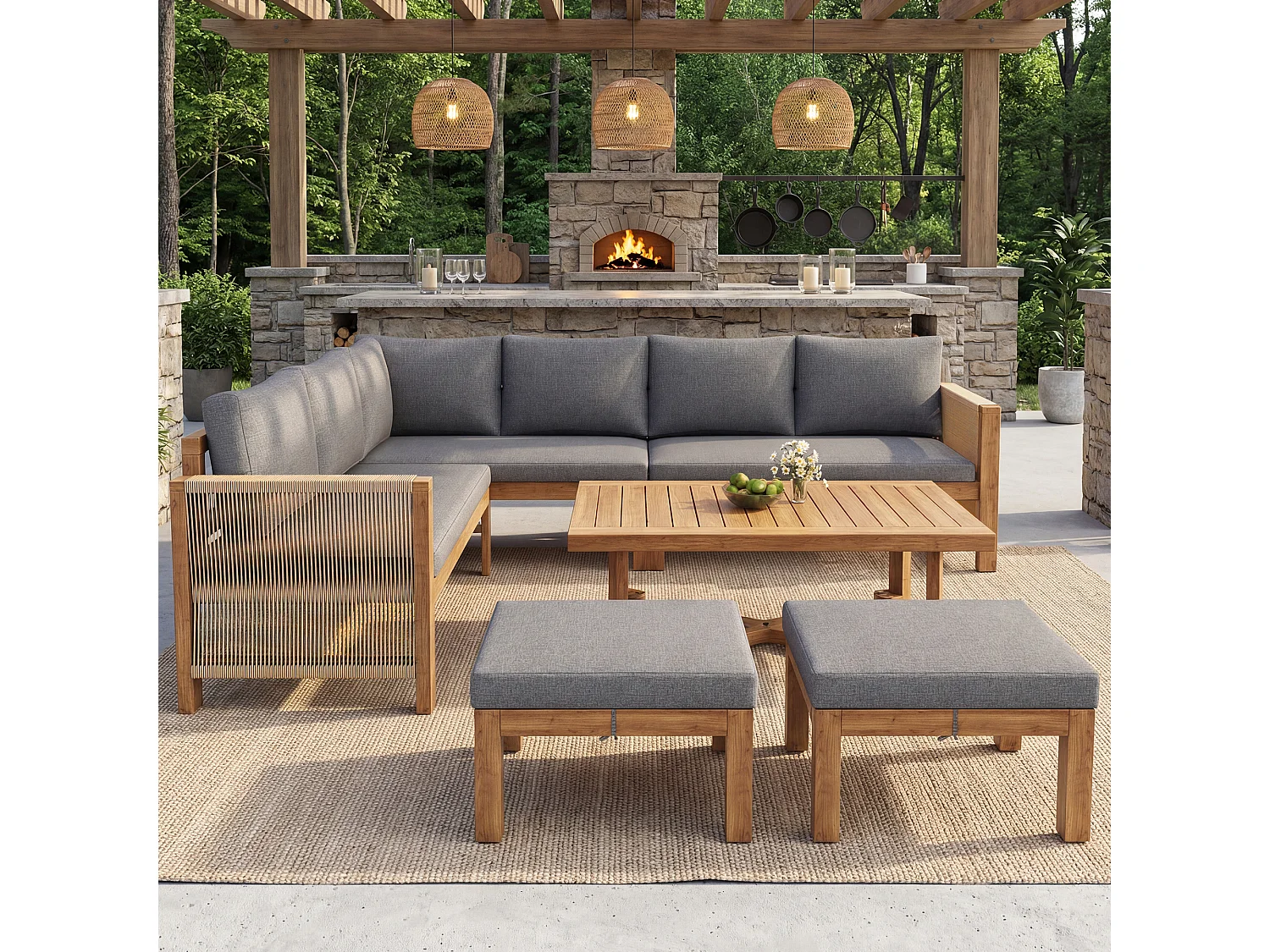 Set di mobili da giardino modulare a 6 posti - con divano + tavolo + cuscini + 2 sgabelli - legno di acacia - grigio