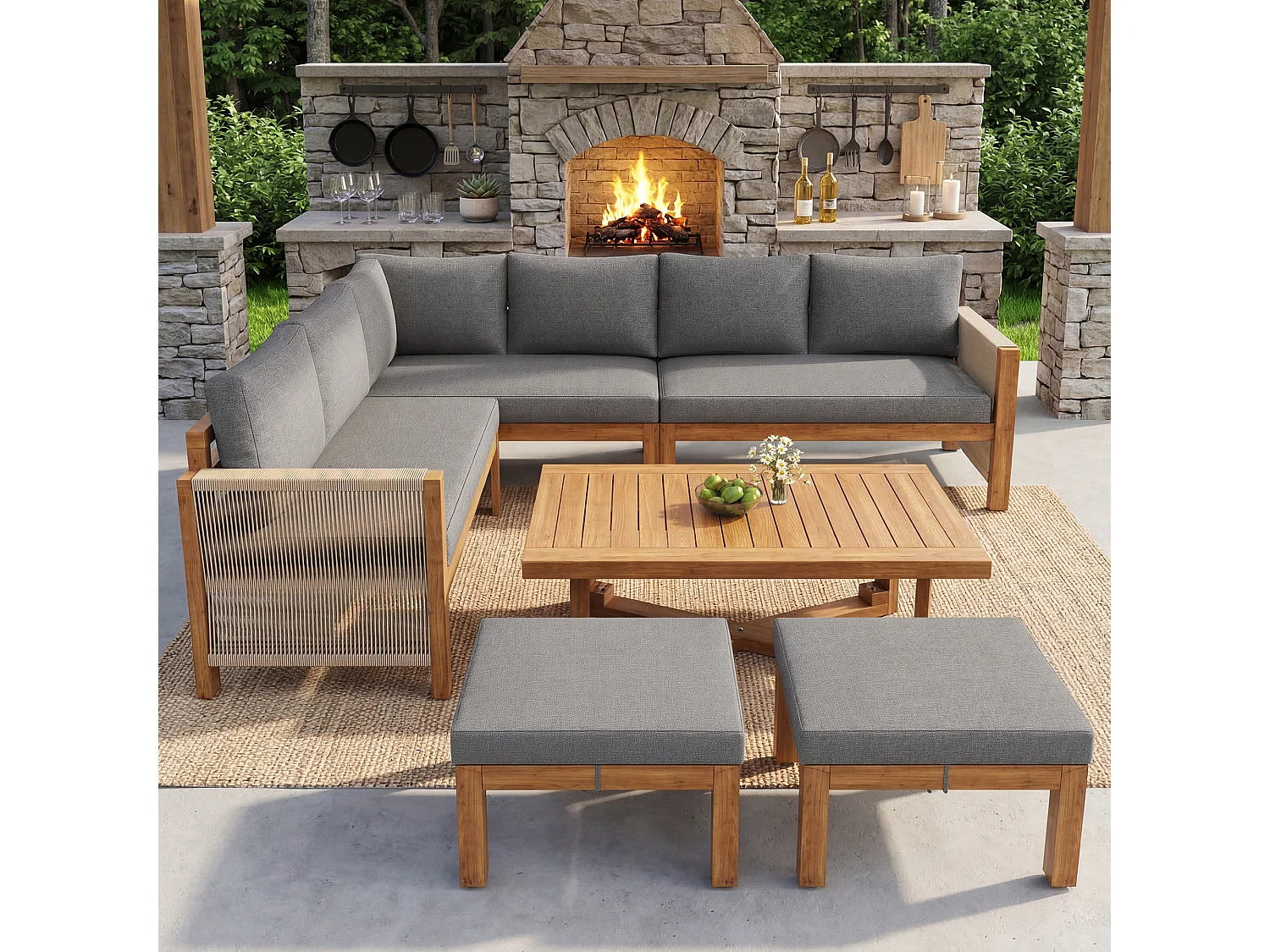 Set di mobili da giardino modulare a 6 posti - con divano + tavolo + cuscini + 2 sgabelli - legno di acacia - grigio