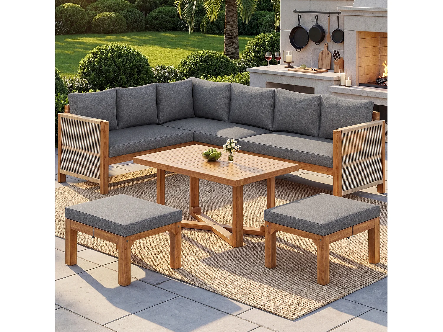 Set di mobili da giardino modulare a 6 posti - con divano + tavolo + cuscini + 2 sgabelli - legno di acacia - grigio