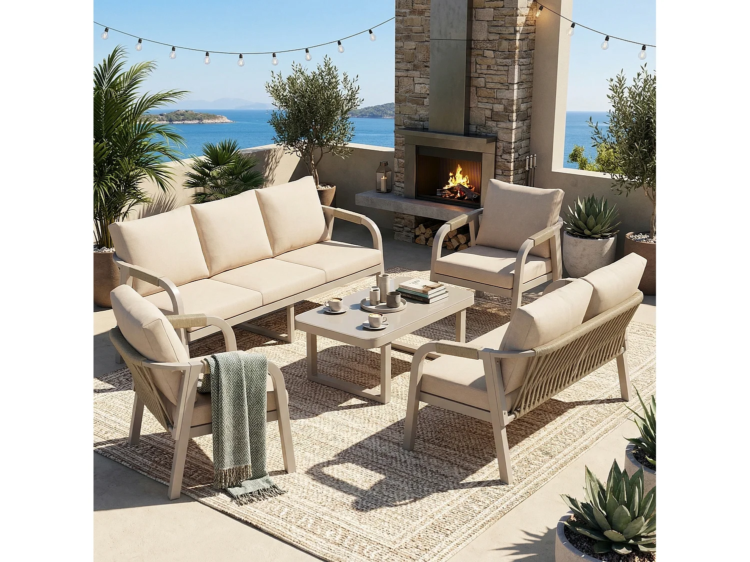 Conjunto de móveis de jardim para 7 pessoas - em corda trançada - com 2 sofás + mesa + 2 poltronas - metal - bege