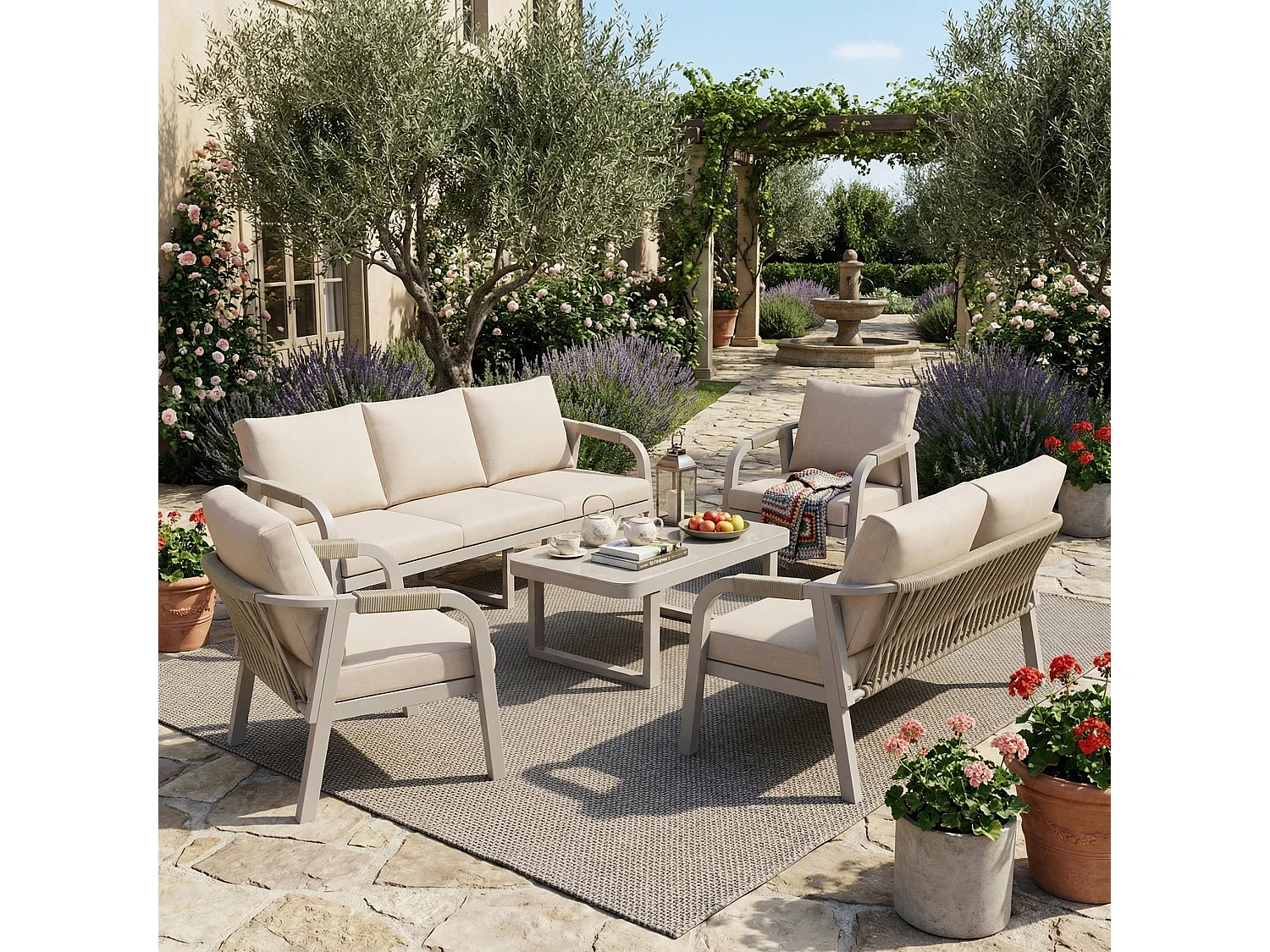 Conjunto de móveis de jardim para 7 pessoas - em corda trançada - com 2 sofás + mesa + 2 poltronas - metal - bege