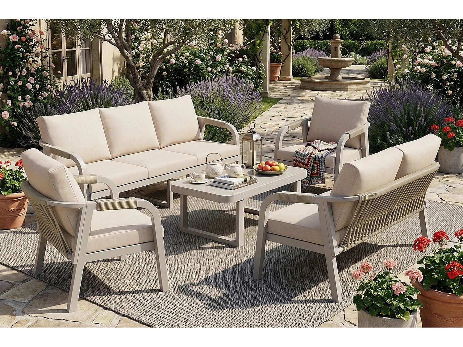 Conjunto de móveis de jardim para 7 pessoas - em corda trançada - com 2 sofás + mesa + 2 poltronas - metal - bege