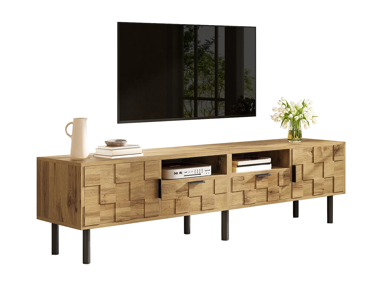 TV-Möbel in Holzoptik fürs Wohnzimmer – 160 x 35 x 42,5 cm – mit 2 Türen und 2 Schubladen – Metallbeine – Spanplatte – Natur
