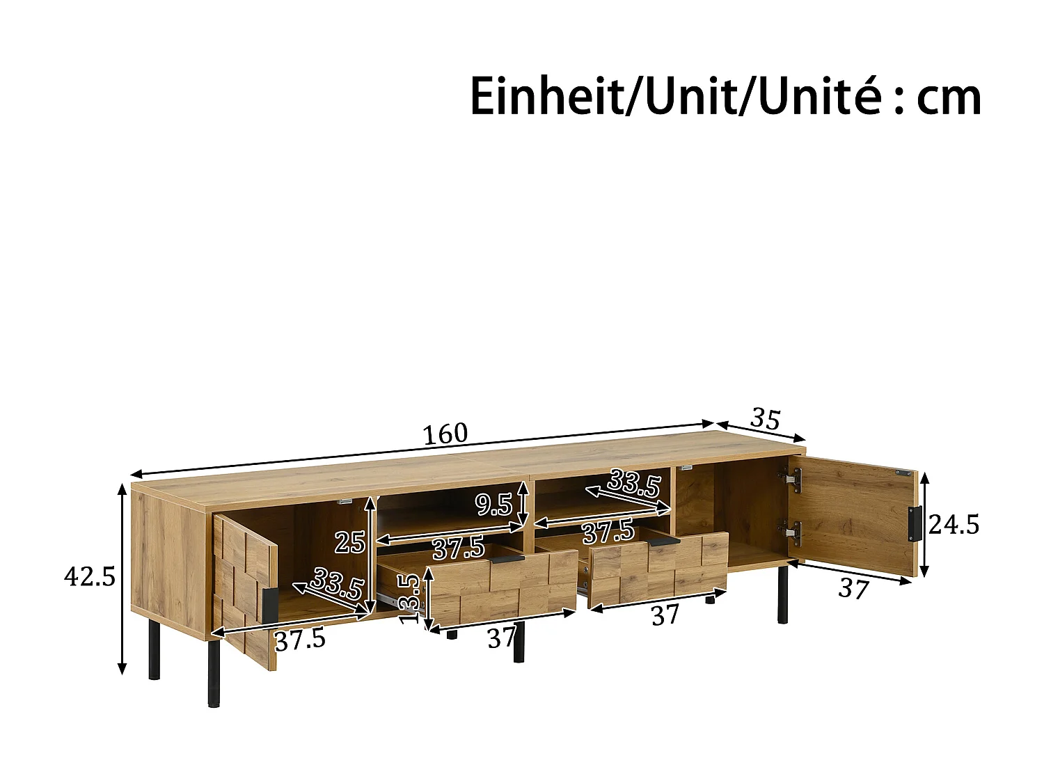TV-Möbel in Holzoptik fürs Wohnzimmer – 160 x 35 x 42,5 cm – mit 2 Türen und 2 Schubladen – Metallbeine – Spanplatte – Natur