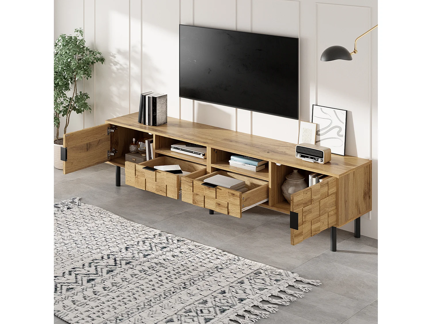 TV-Möbel in Holzoptik fürs Wohnzimmer – 160 x 35 x 42,5 cm – mit 2 Türen und 2 Schubladen – Metallbeine – Spanplatte – Natur