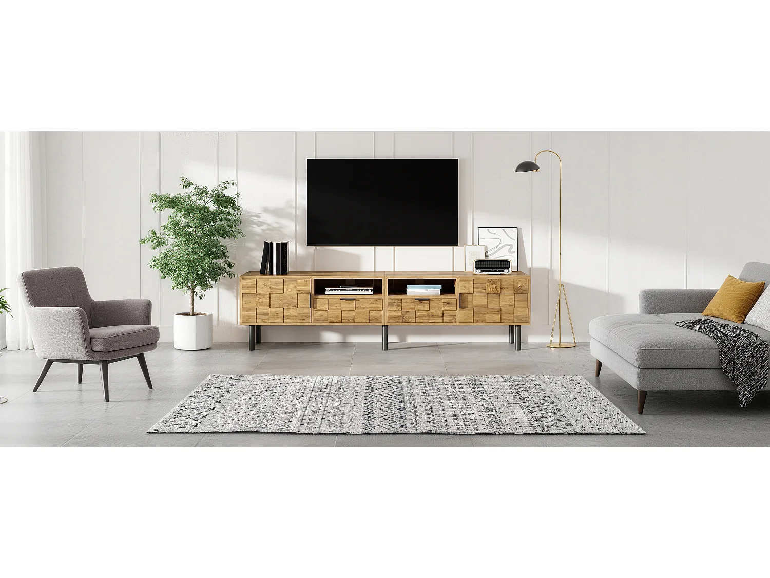 TV-Möbel in Holzoptik fürs Wohnzimmer – 160 x 35 x 42,5 cm – mit 2 Türen und 2 Schubladen – Metallbeine – Spanplatte – Natur