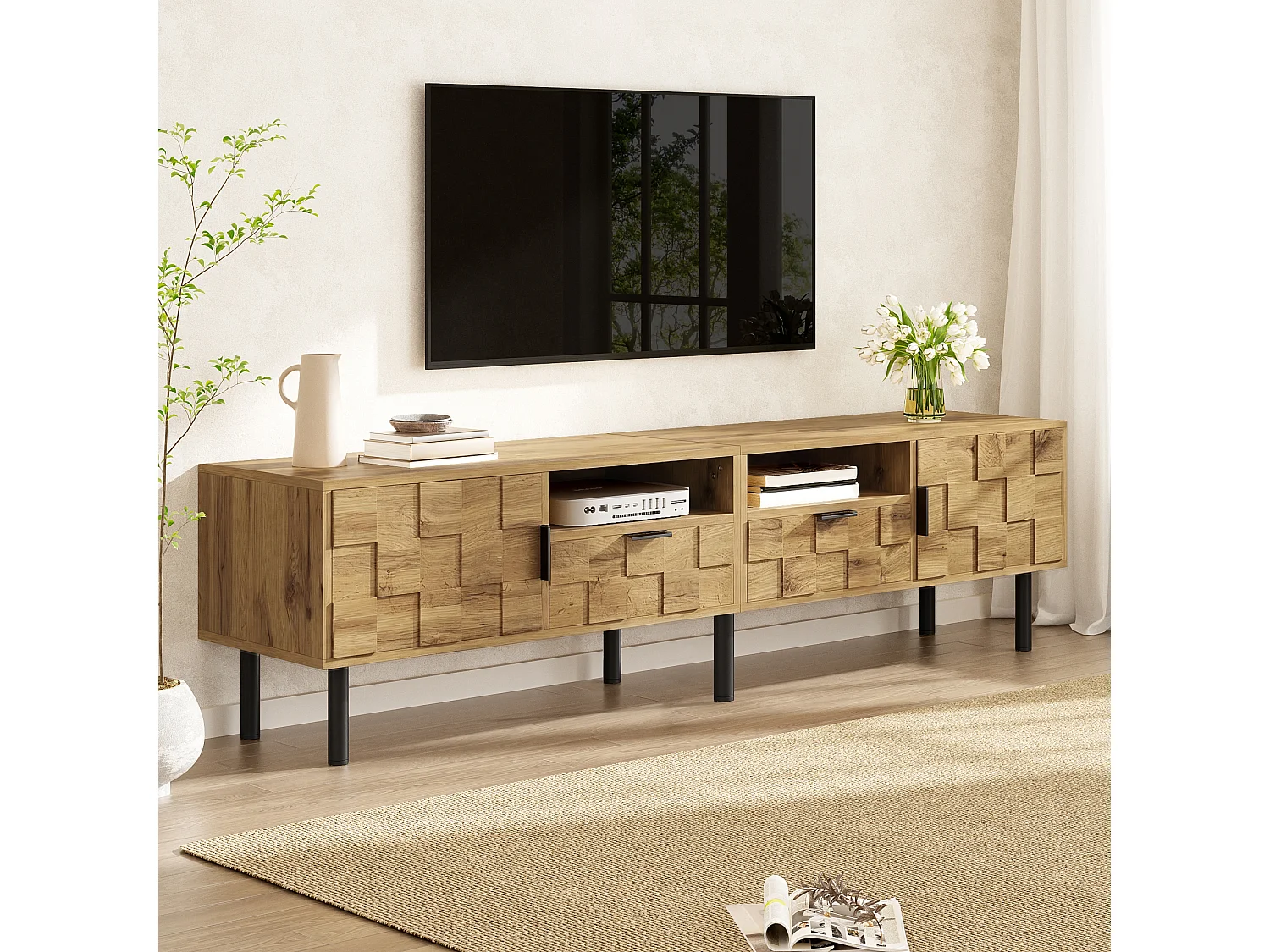 TV-Möbel in Holzoptik fürs Wohnzimmer – 160 x 35 x 42,5 cm – mit 2 Türen und 2 Schubladen – Metallbeine – Spanplatte – Natur