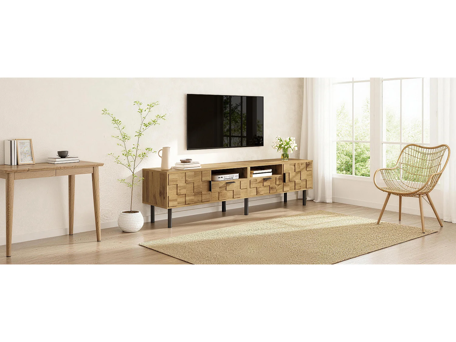 TV-Möbel in Holzoptik fürs Wohnzimmer – 160 x 35 x 42,5 cm – mit 2 Türen und 2 Schubladen – Metallbeine – Spanplatte – Natur