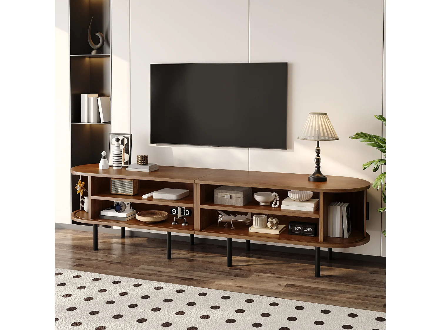 Moderner TV-Ständer – 170 x 40 x 46 cm – mit Schiebetüren und 2 offenen Regalböden – Metallbeine – MDF – braun