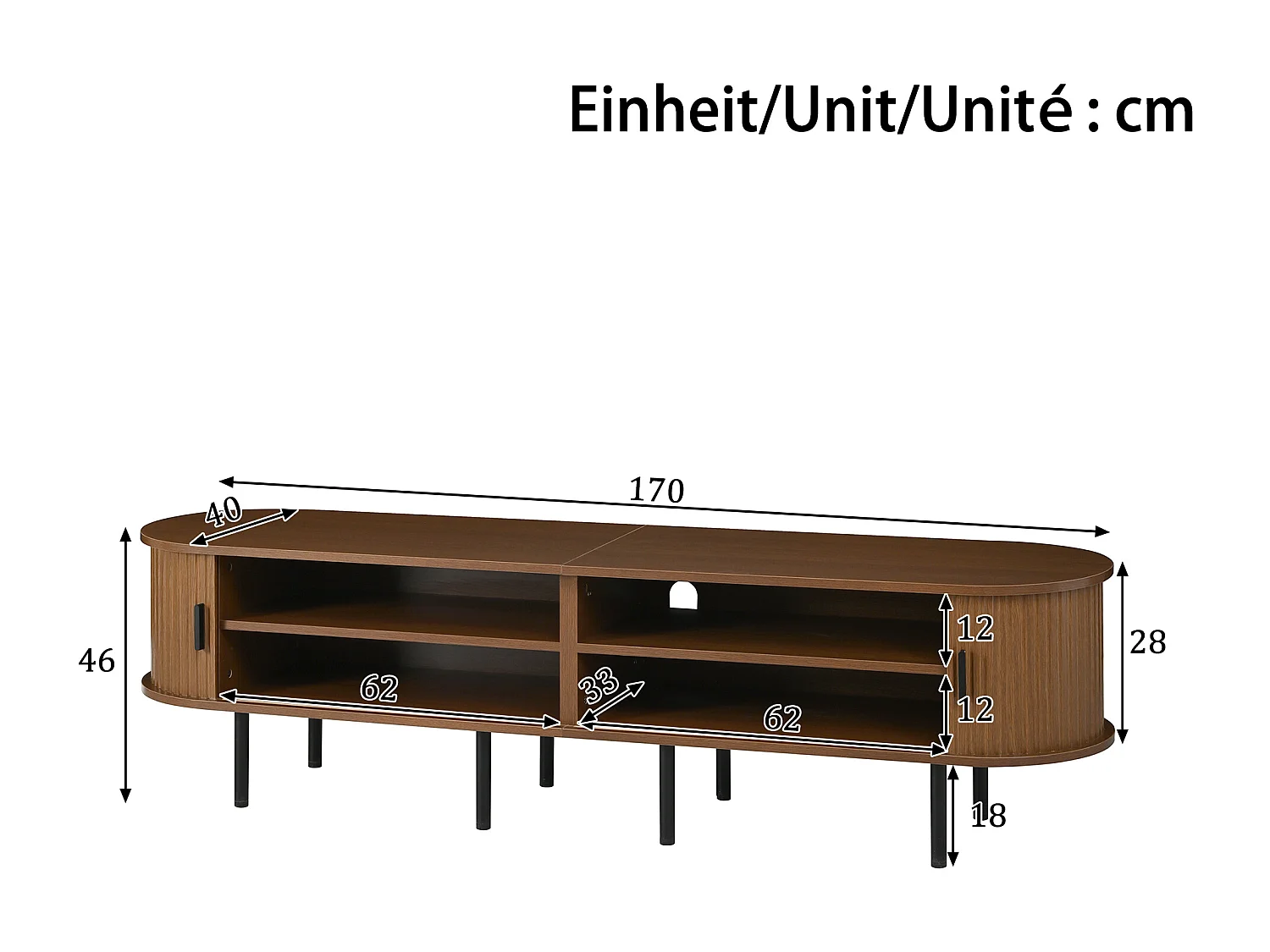 Moderner TV-Ständer – 170 x 40 x 46 cm – mit Schiebetüren und 2 offenen Regalböden – Metallbeine – MDF – braun