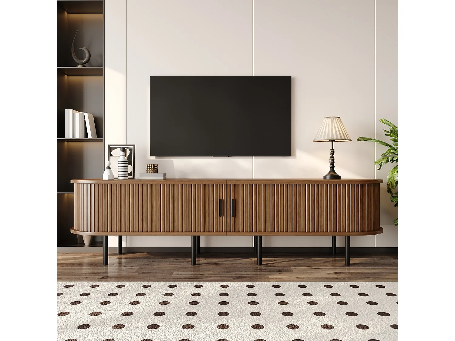 Moderner TV-Ständer – 170 x 40 x 46 cm – mit Schiebetüren und 2 offenen Regalböden – Metallbeine – MDF – braun