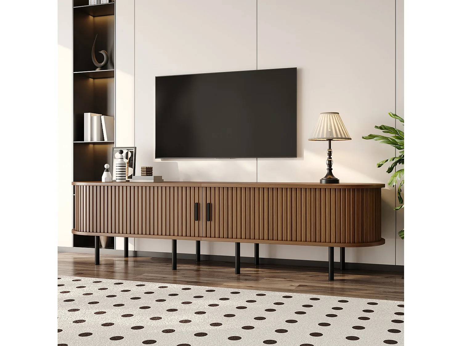 Moderner TV-Ständer – 170 x 40 x 46 cm – mit Schiebetüren und 2 offenen Regalböden – Metallbeine – MDF – braun
