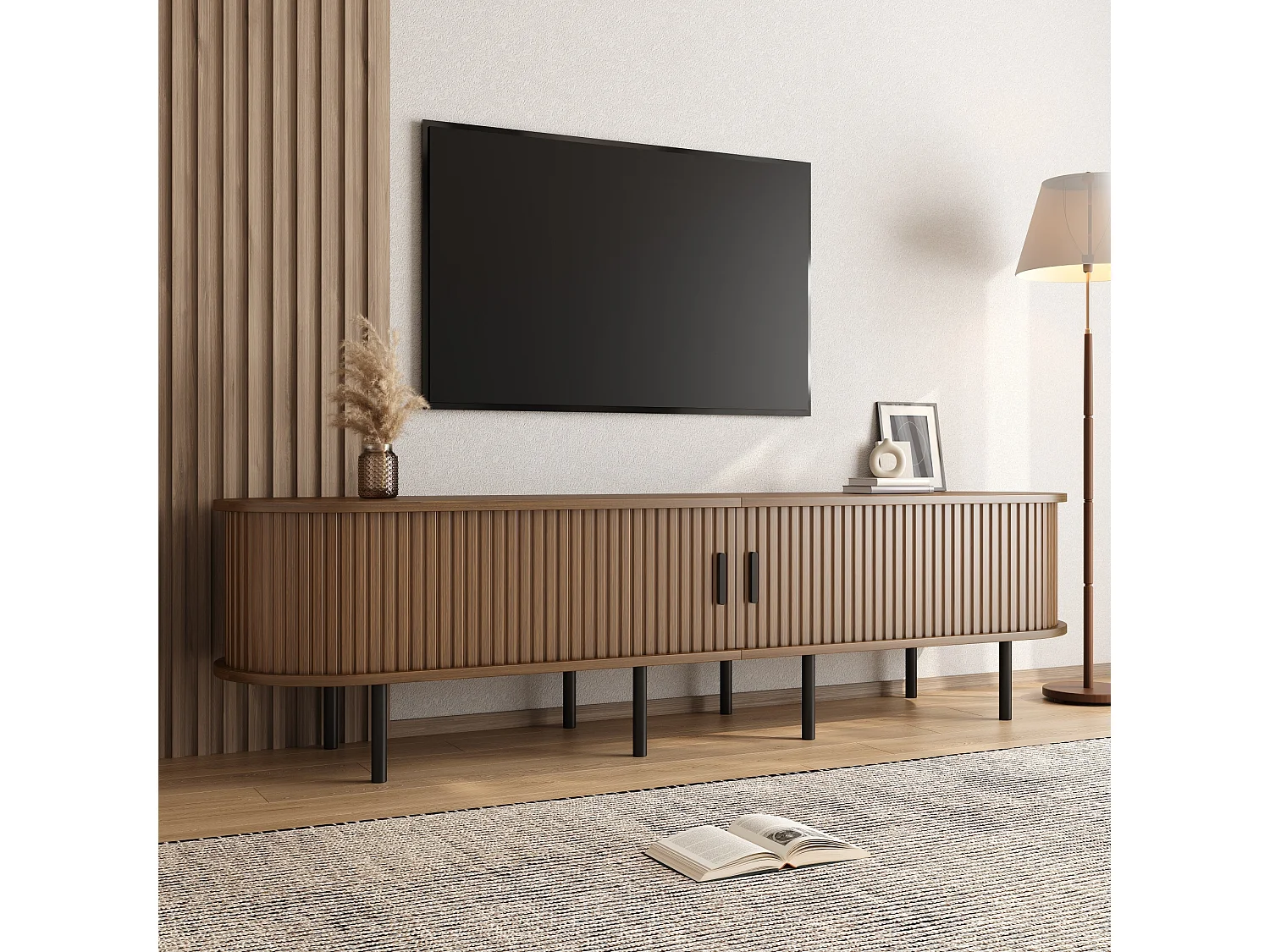 Moderner TV-Ständer – 170 x 40 x 46 cm – mit Schiebetüren und 2 offenen Regalböden – Metallbeine – MDF – braun