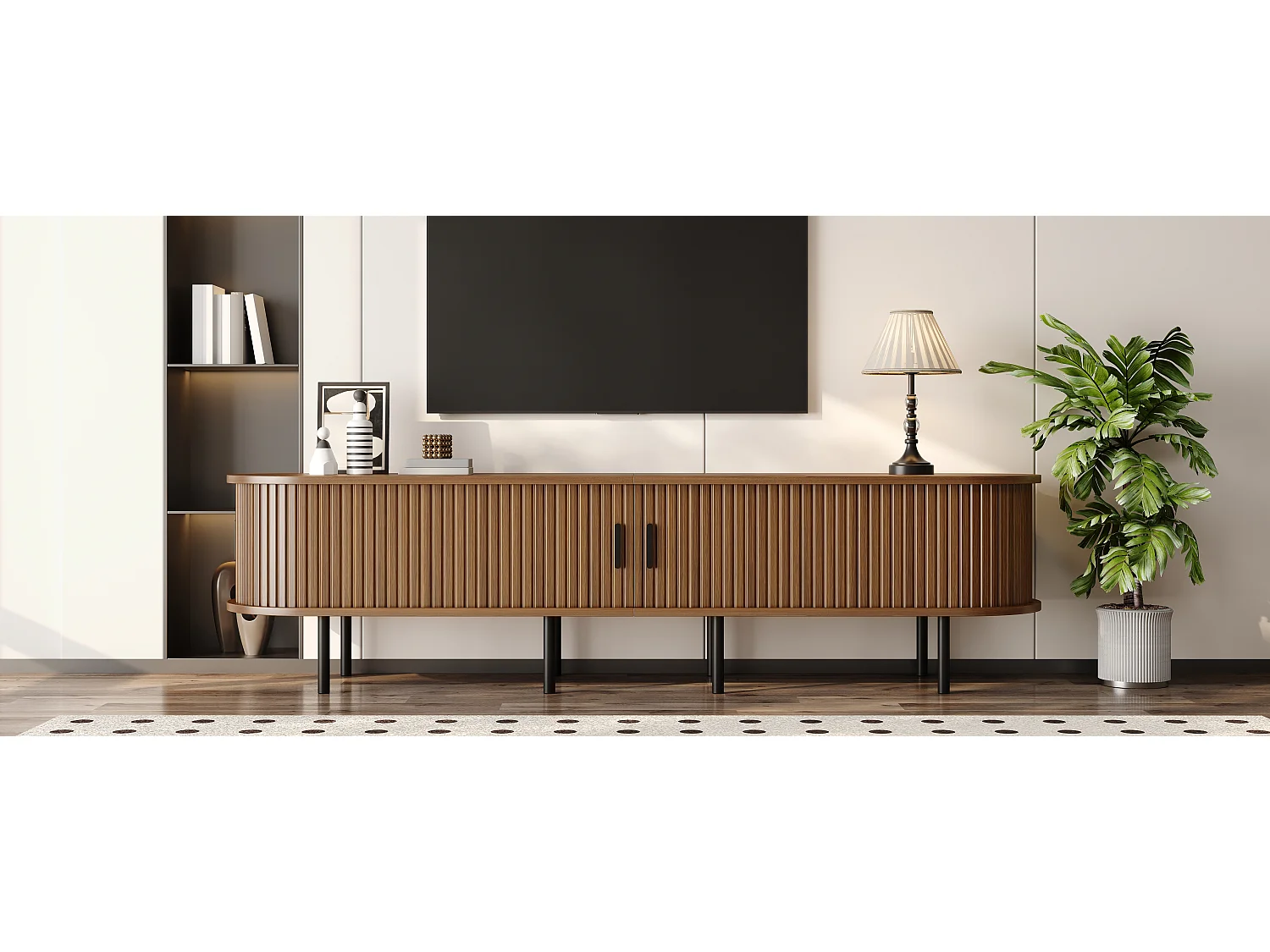 Moderner TV-Ständer – 170 x 40 x 46 cm – mit Schiebetüren und 2 offenen Regalböden – Metallbeine – MDF – braun