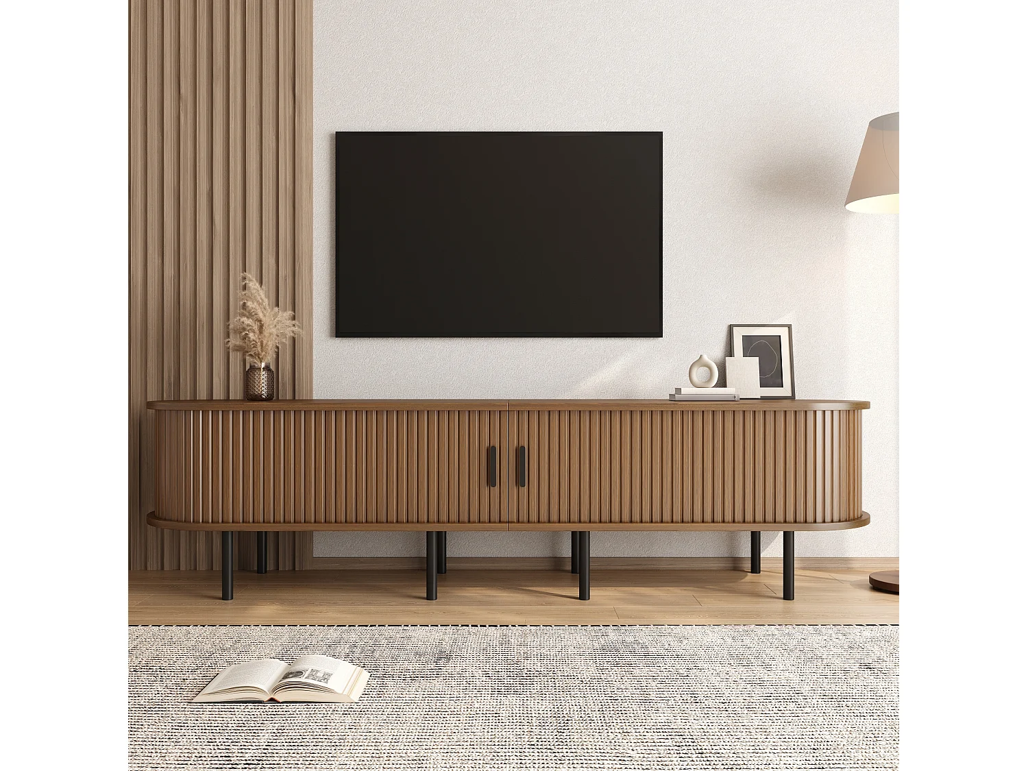 Moderner TV-Ständer – 170 x 40 x 46 cm – mit Schiebetüren und 2 offenen Regalböden – Metallbeine – MDF – braun