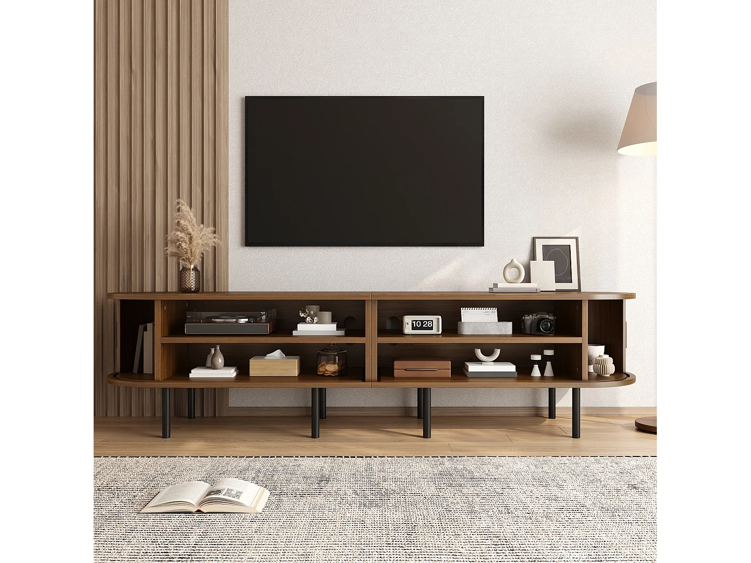 Moderner TV-Ständer – 170 x 40 x 46 cm – mit Schiebetüren und 2 offenen Regalböden – Metallbeine – MDF – braun