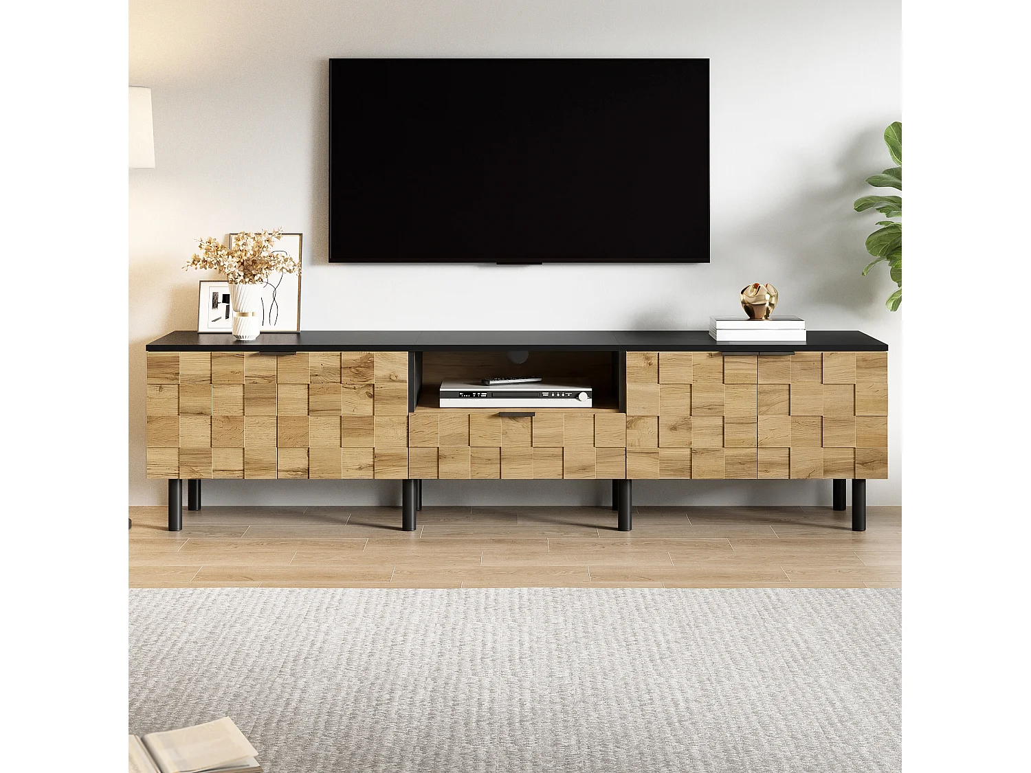 Mueble para TV con aspecto de madera para salón - 170 x 35 x 44,5 cm - con 2 puertas + cajón - patas de metal - aglomerado - madera natural