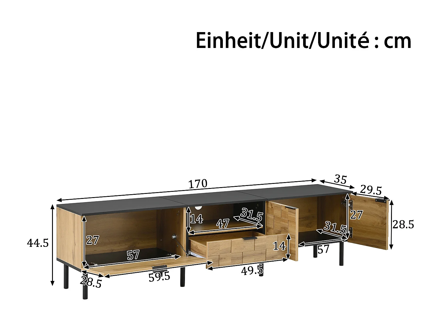 Mueble para TV con aspecto de madera para salón - 170 x 35 x 44,5 cm - con 2 puertas + cajón - patas de metal - aglomerado - madera natural
