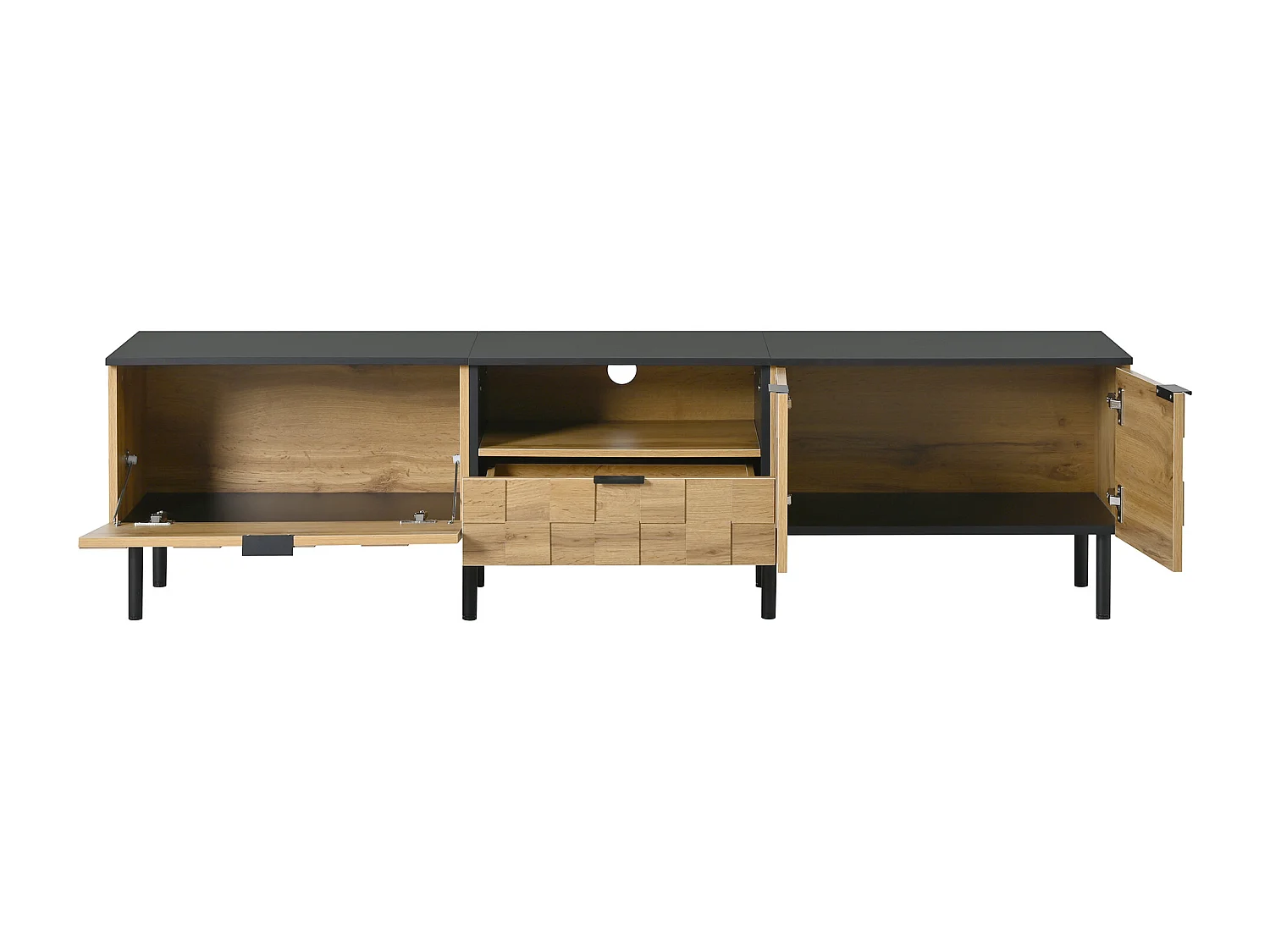 Mueble para TV con aspecto de madera para salón - 170 x 35 x 44,5 cm - con 2 puertas + cajón - patas de metal - aglomerado - madera natural