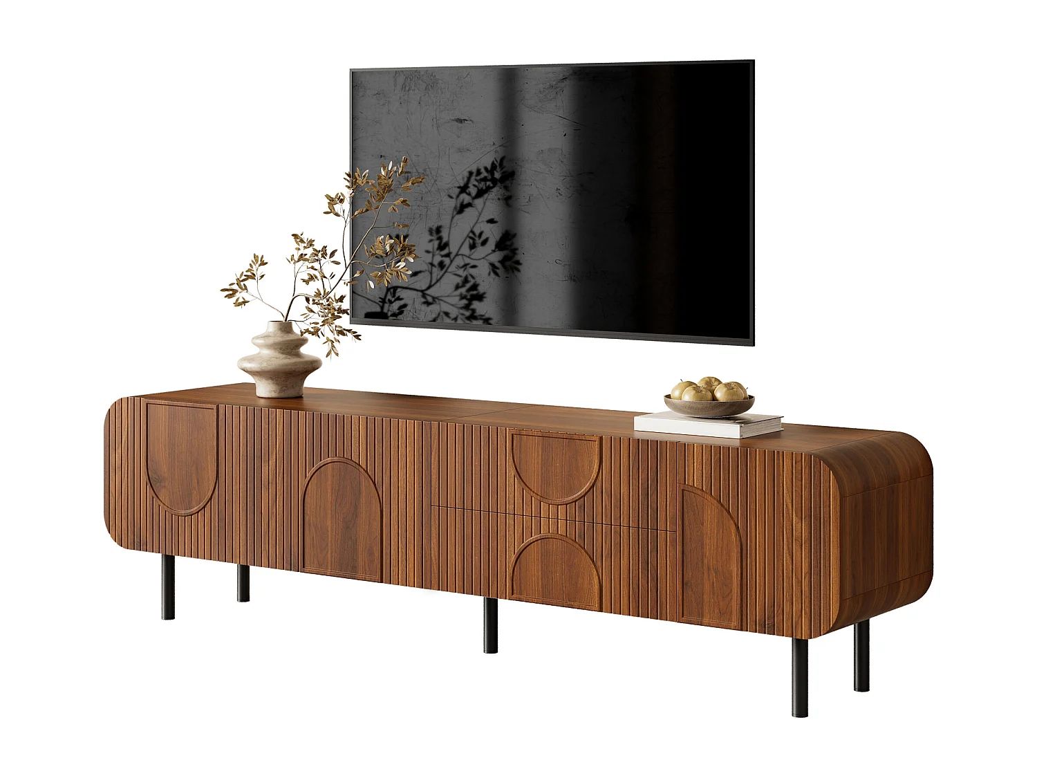 Meuble TV à rainures verticales - 180 x 40 x 47.5 cm - avec 3 portes + 2 tiroirs - pieds en métal - MDF + aggloméré - marron