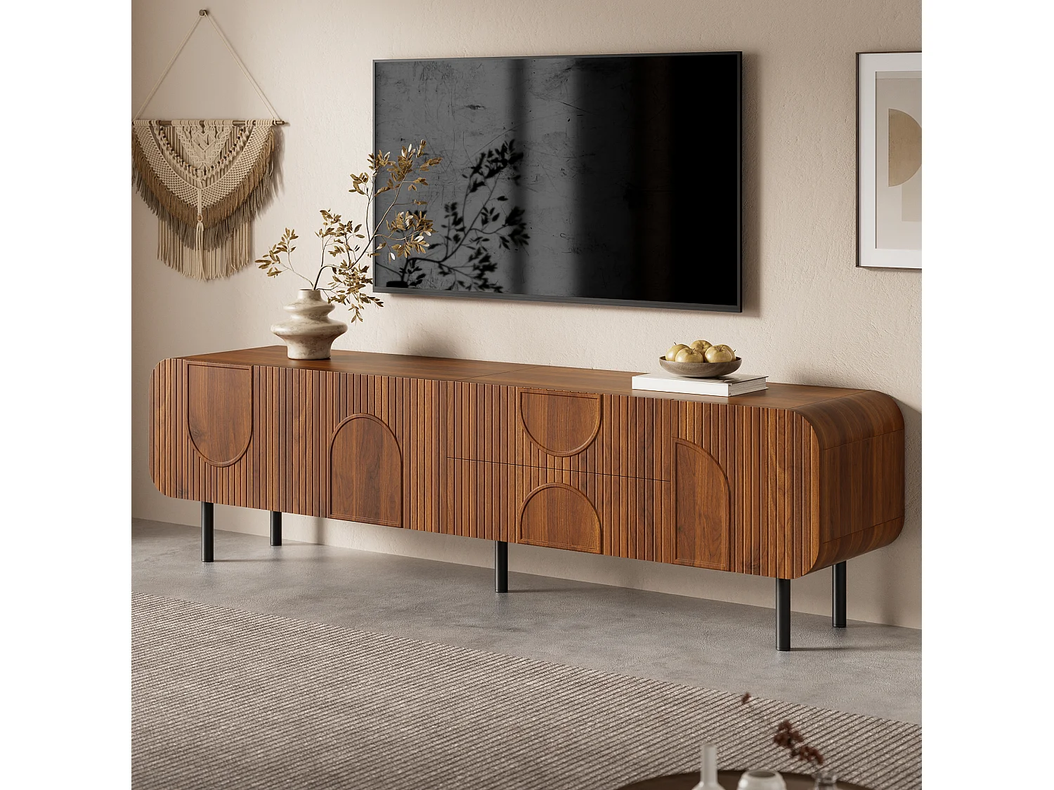 Meuble TV à rainures verticales - 180 x 40 x 47.5 cm - avec 3 portes + 2 tiroirs - pieds en métal - MDF + aggloméré - marron