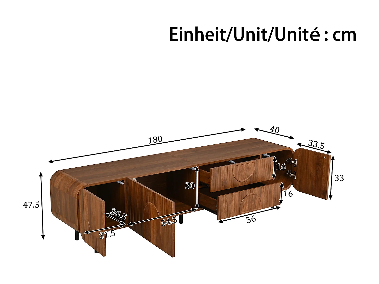 Meuble TV à rainures verticales - 180 x 40 x 47.5 cm - avec 3 portes + 2 tiroirs - pieds en métal - MDF + aggloméré - marron