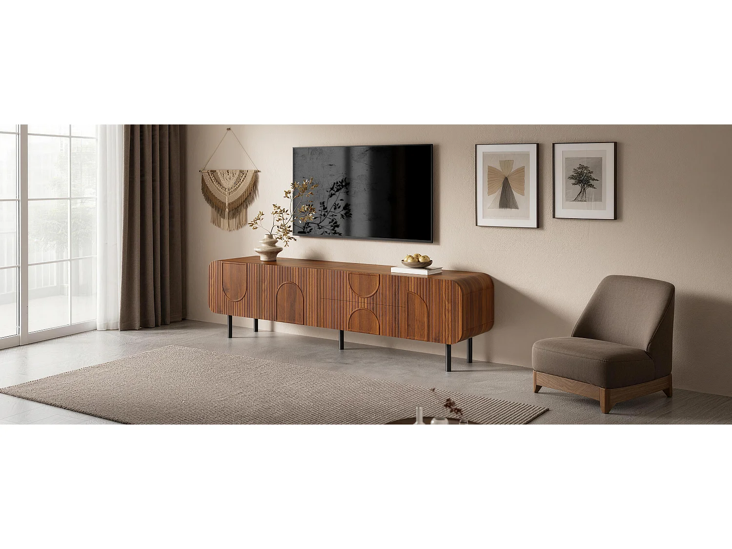 Meuble TV à rainures verticales - 180 x 40 x 47.5 cm - avec 3 portes + 2 tiroirs - pieds en métal - MDF + aggloméré - marron