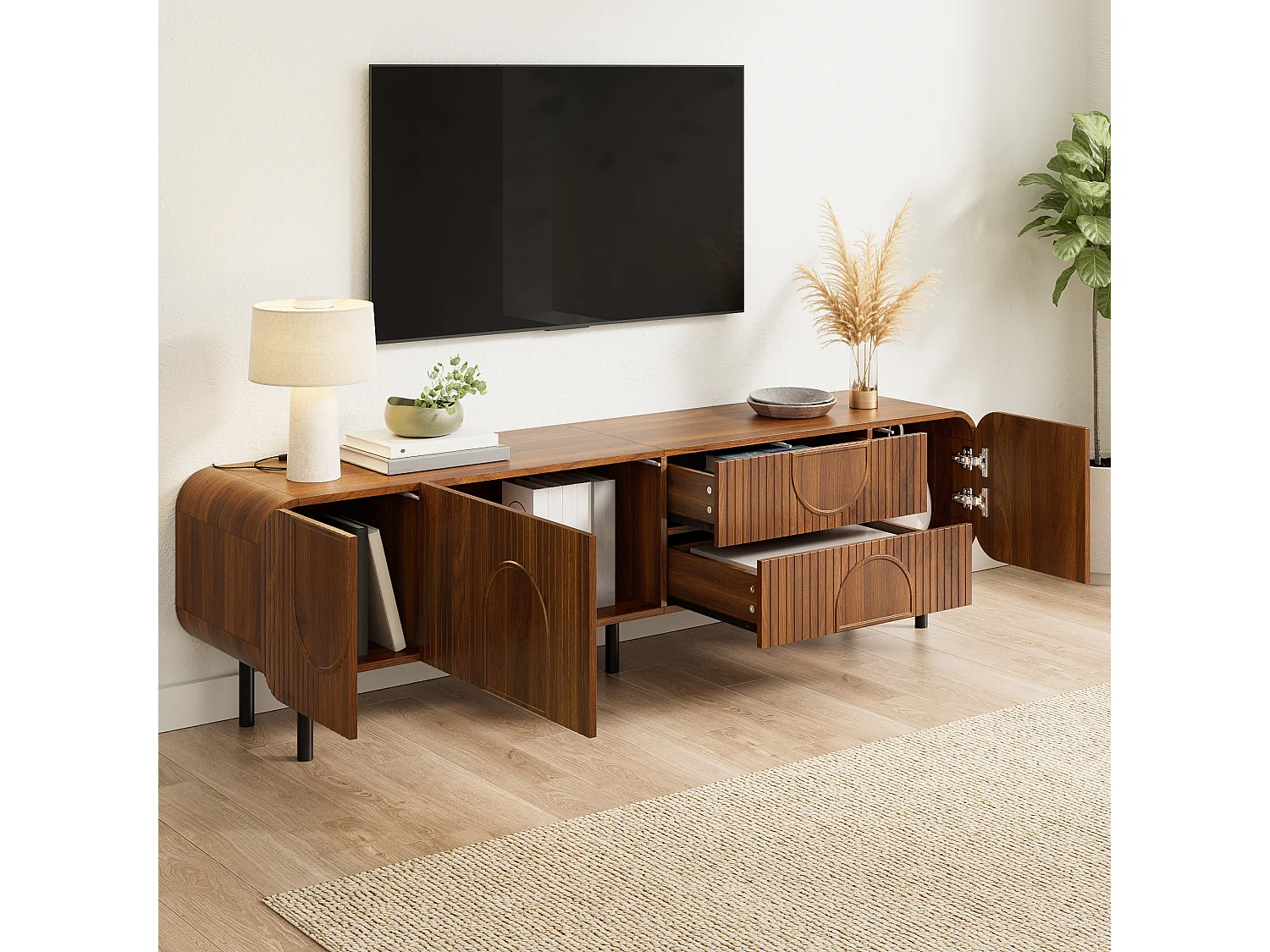 Meuble TV à rainures verticales - 180 x 40 x 47.5 cm - avec 3 portes + 2 tiroirs - pieds en métal - MDF + aggloméré - marron