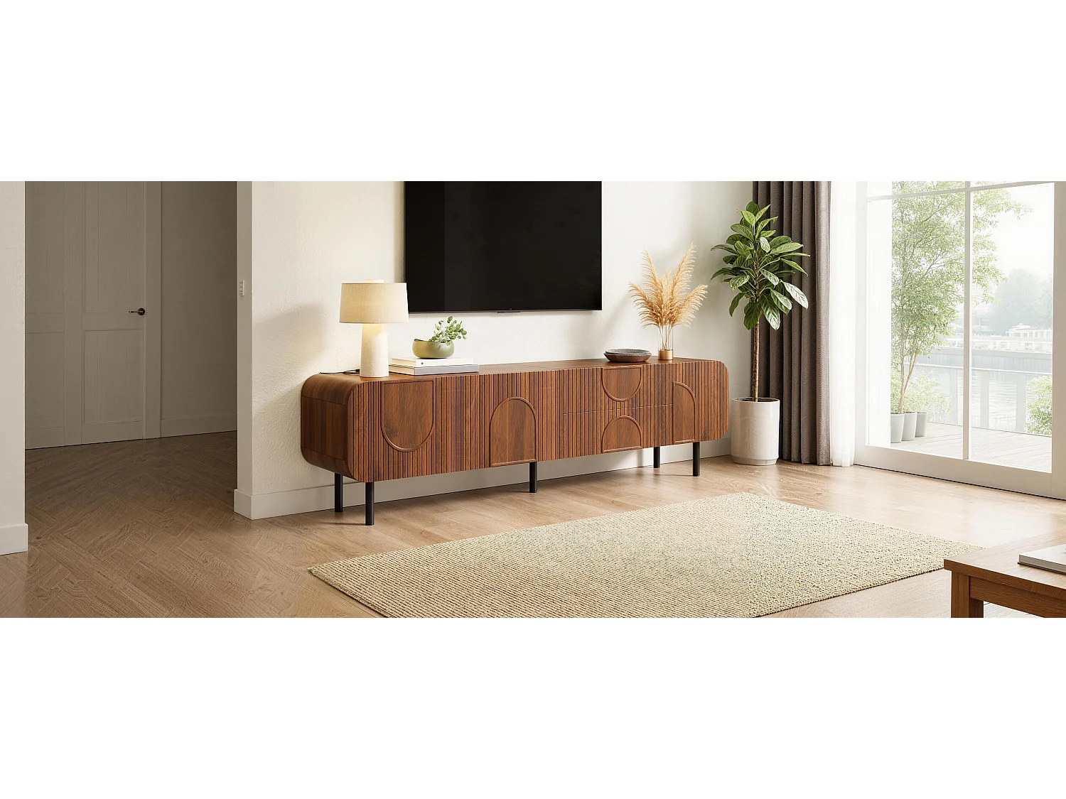 Meuble TV à rainures verticales - 180 x 40 x 47.5 cm - avec 3 portes + 2 tiroirs - pieds en métal - MDF + aggloméré - marron