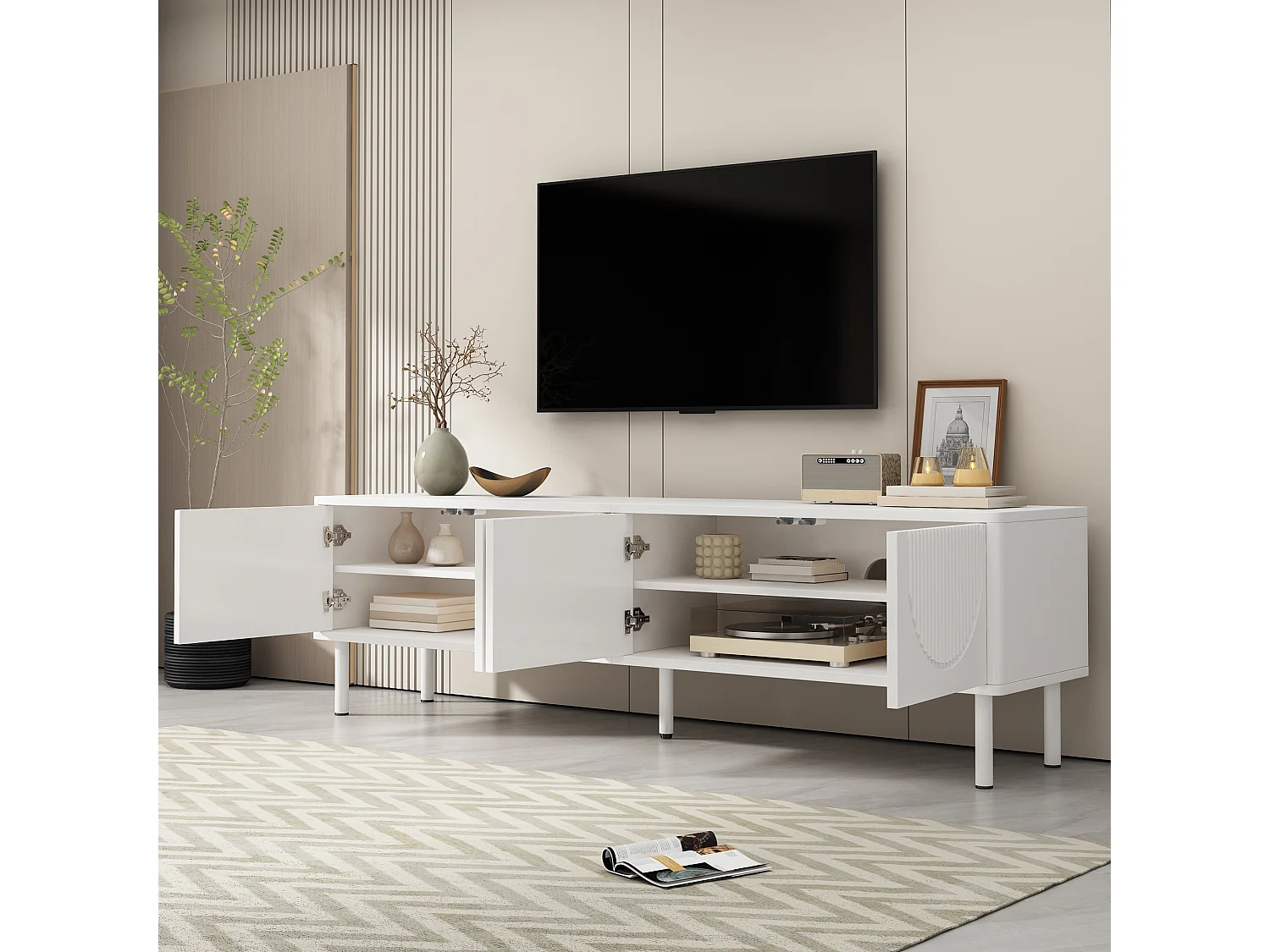 Moderner, niedriger TV-Ständer – 180 x 40 x 52 cm – mit 4 Türen – minimalistisches Design – MDF – weiß