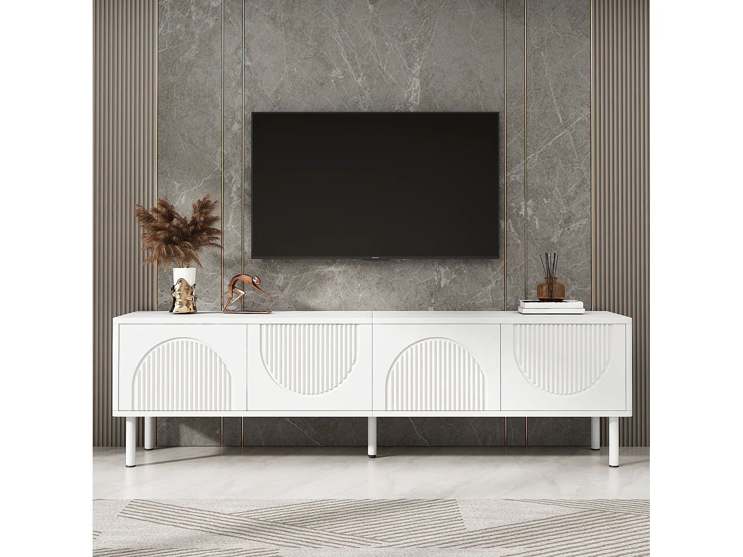 Moderner, niedriger TV-Ständer – 180 x 40 x 52 cm – mit 4 Türen – minimalistisches Design – MDF – weiß