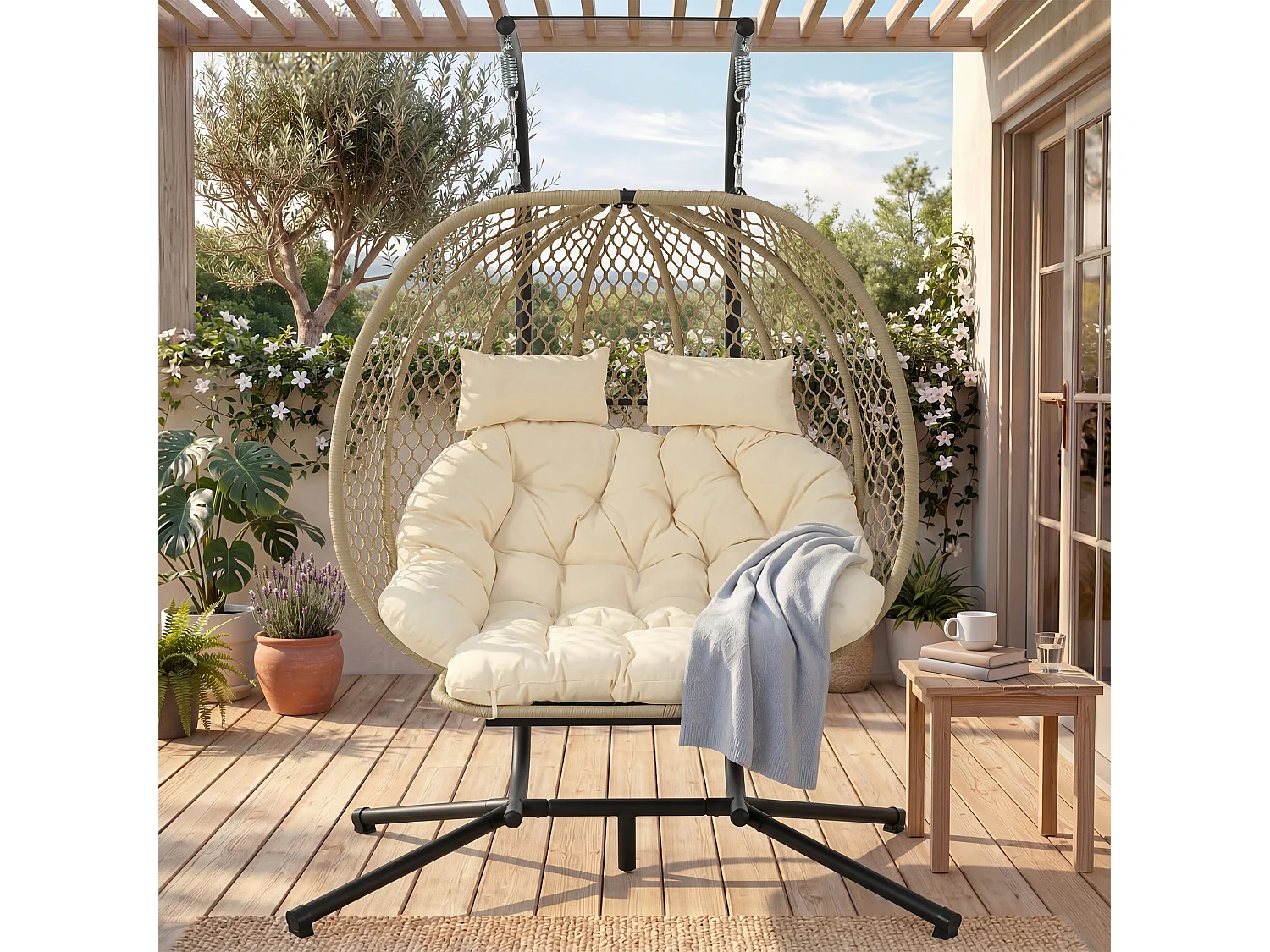 Fauteuil suspendu double de jardin - 140 x 94 x 197 cm - avec support + coussin d'assise + oreiller + repose-pieds - métal - beige