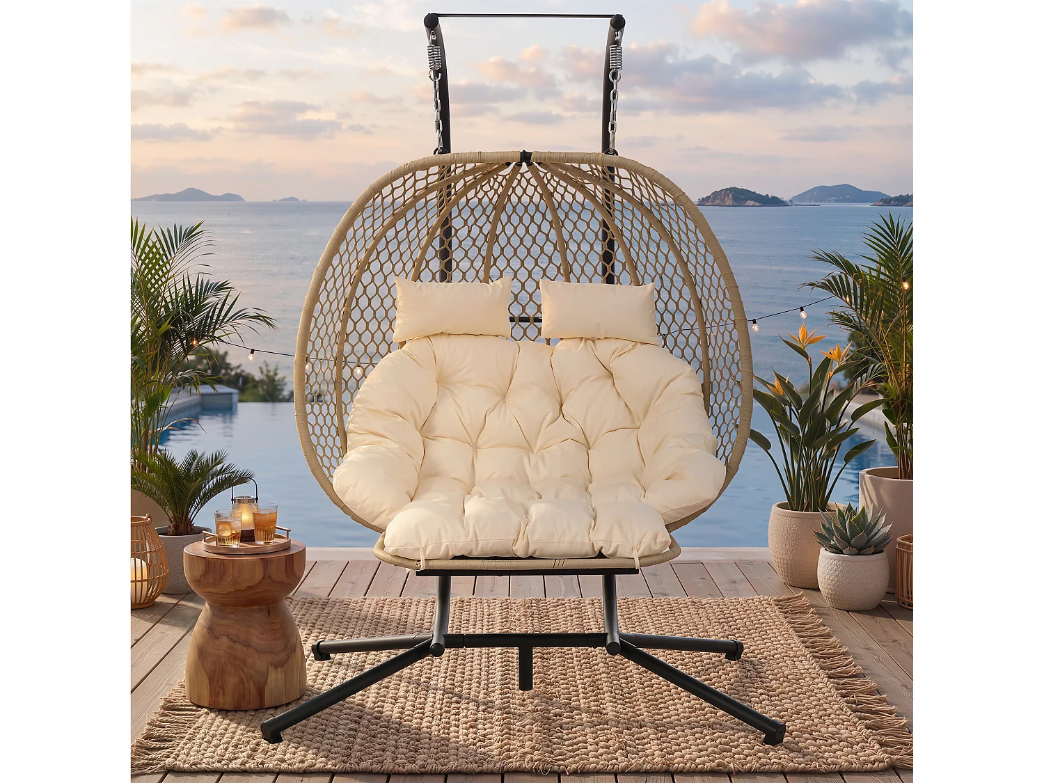 Fauteuil suspendu double de jardin - 140 x 94 x 197 cm - avec support + coussin d'assise + oreiller + repose-pieds - métal - beige