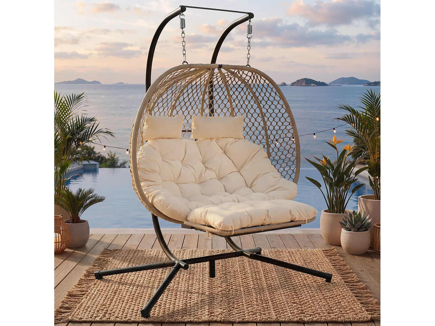 Fauteuil suspendu double de jardin - 140 x 94 x 197 cm - avec support + coussin d'assise + oreiller + repose-pieds - métal - beige
