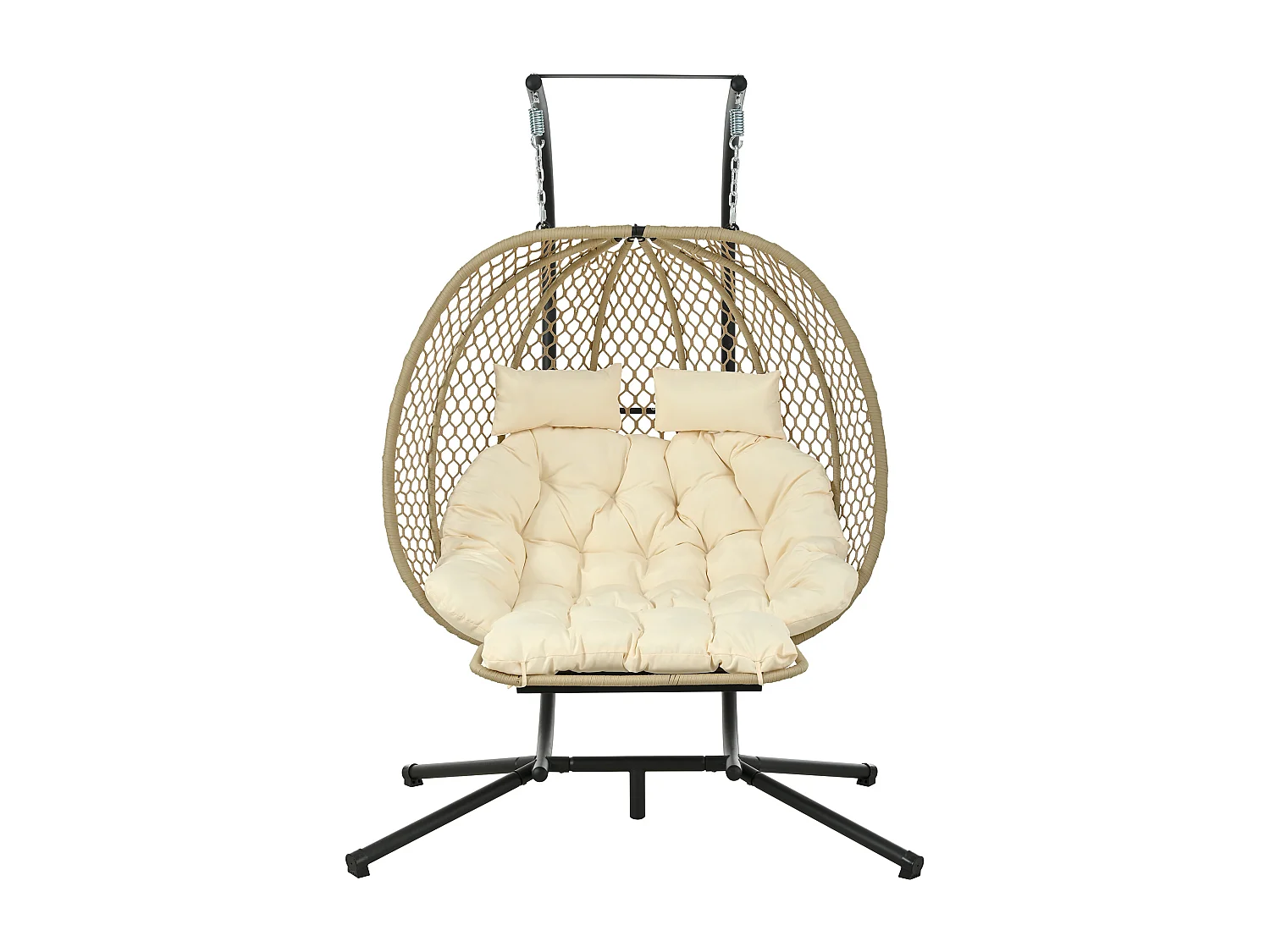 Fauteuil suspendu double de jardin - 140 x 94 x 197 cm - avec support + coussin d'assise + oreiller + repose-pieds - métal - beige