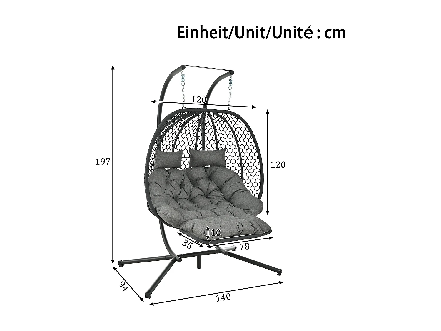 Fauteuil suspendu double de jardin - 140 x 94 x 197 cm - avec support + coussin d'assise + oreiller + repose-pieds - métal - gris