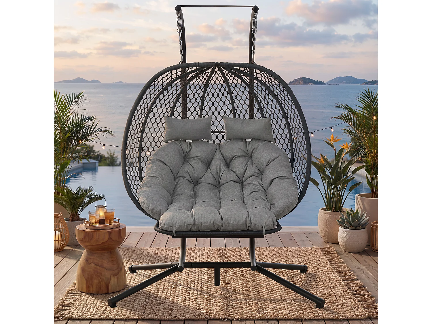 Fauteuil suspendu double de jardin - 140 x 94 x 197 cm - avec support + coussin d'assise + oreiller + repose-pieds - métal - gris