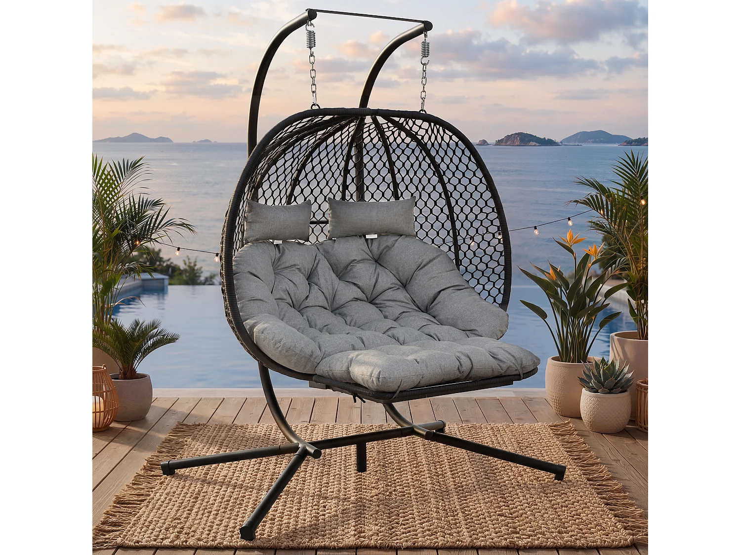 Fauteuil suspendu double de jardin - 140 x 94 x 197 cm - avec support + coussin d'assise + oreiller + repose-pieds - métal - gris