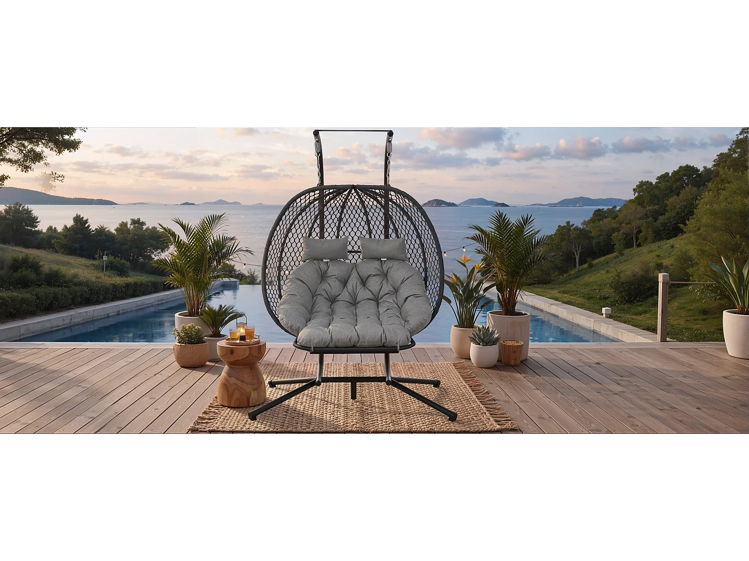 Fauteuil suspendu double de jardin - 140 x 94 x 197 cm - avec support + coussin d'assise + oreiller + repose-pieds - métal - gris