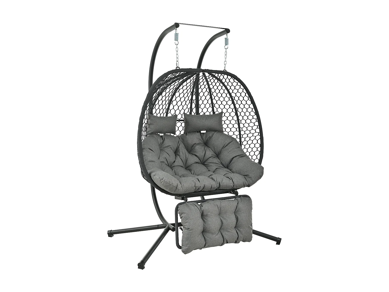 Fauteuil suspendu double de jardin - 140 x 94 x 197 cm - avec support + coussin d'assise + oreiller + repose-pieds - métal - gris