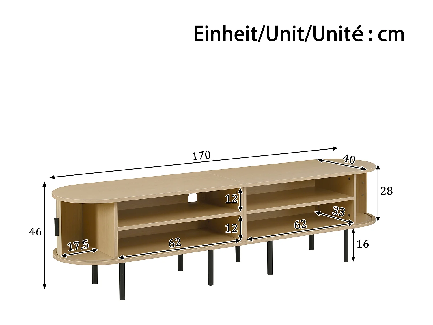 Moderner TV-Ständer – 170 x 40 x 46 cm – mit Schiebetüren und 2 offenen Regalböden – Metallbeine – MDF – natur